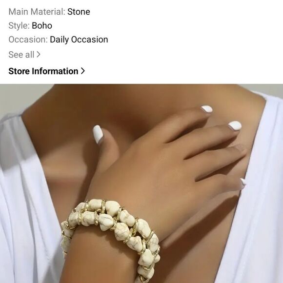 Stone bead stretch bracelet white and gold - Picture 6 of 9